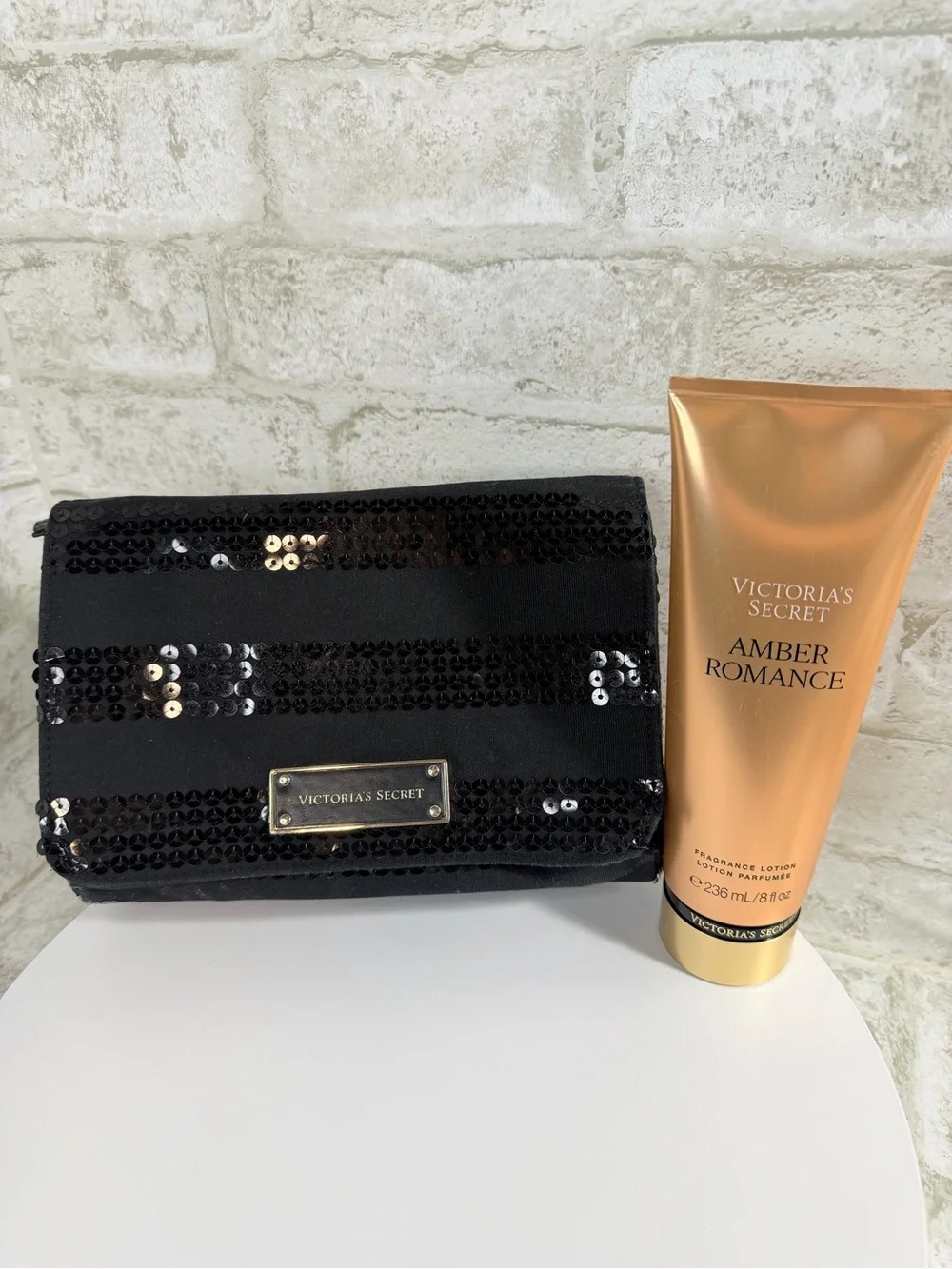 Victoria's Secret Set w/ Black Sequin Toiletry Bag & Amber Romance Body Lotion